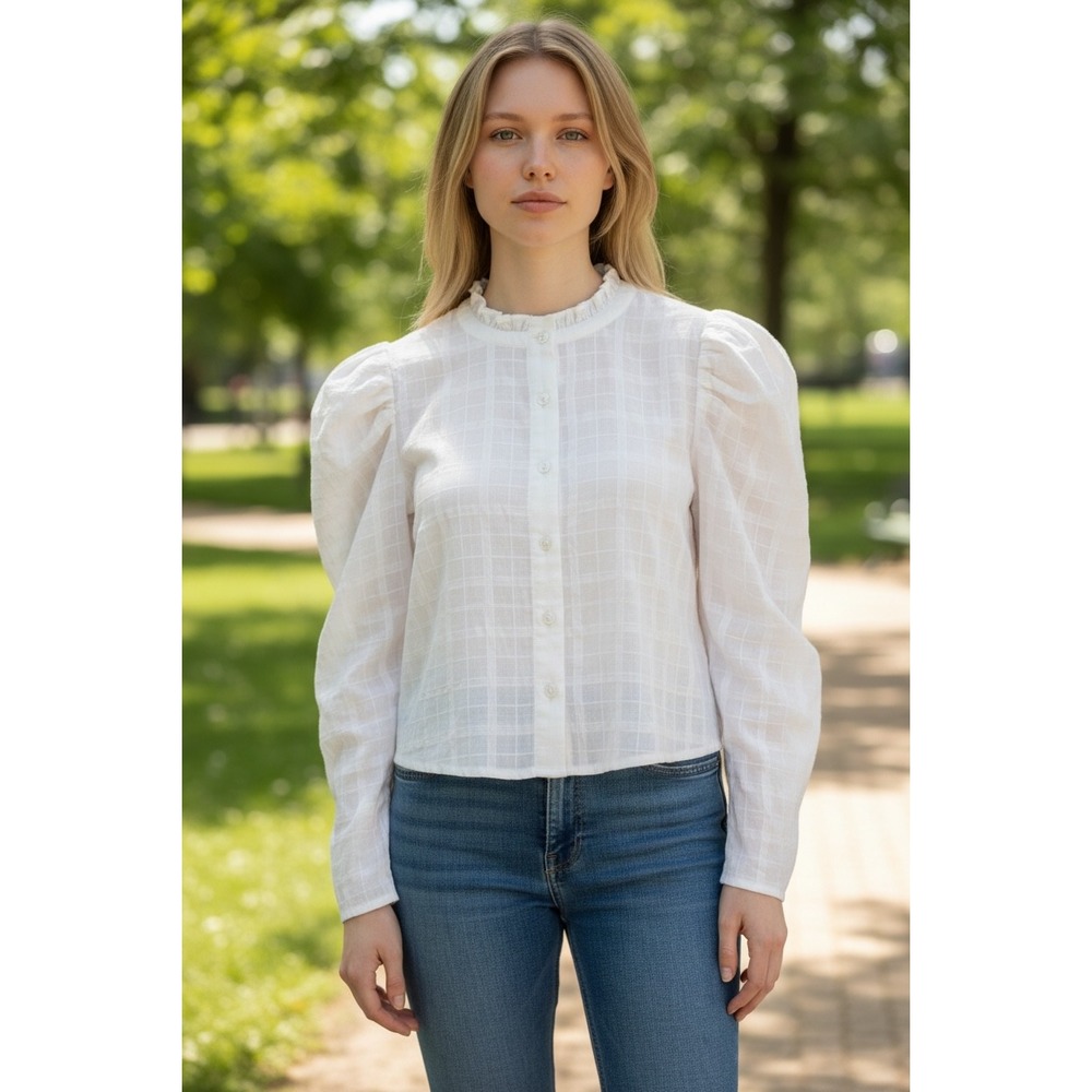 Rahi Shirt Women Small White Grid Puff Sleeve Ruffle Neck Cropped Button Up NWT